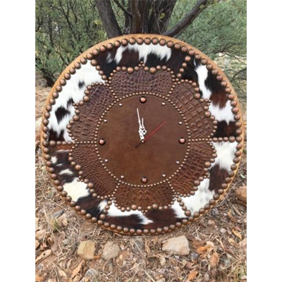 24 Round Cowhide & Floral Leather Western Clock